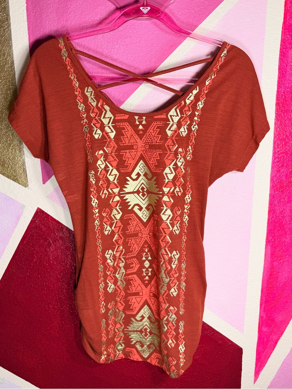 Dots Rust Aztec Print Tunic Top Size M Strappy Crisscross Back Boho